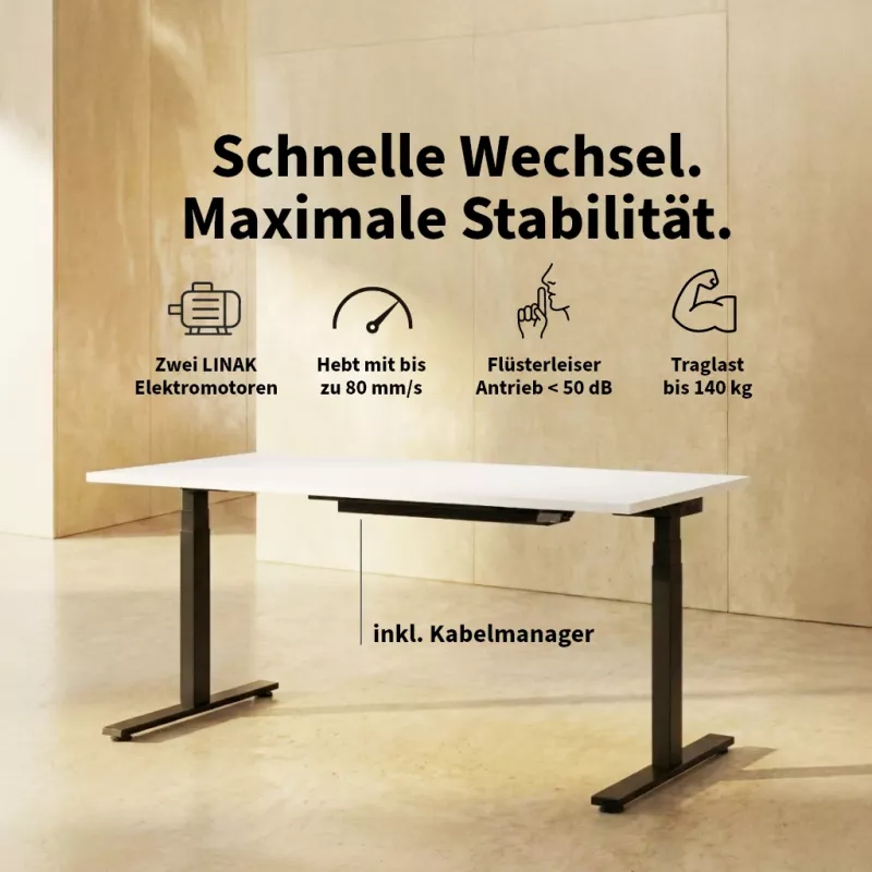 Höhenverstellbarer Schreibtisch Masterlift Flex schwarz, 160 x 80 cm mit Kabelmanager
