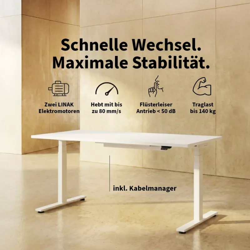 Höhenverstellbarer Schreibtisch Masterlift Flex weiß, 160 x 80 cm mit Kabelmanager